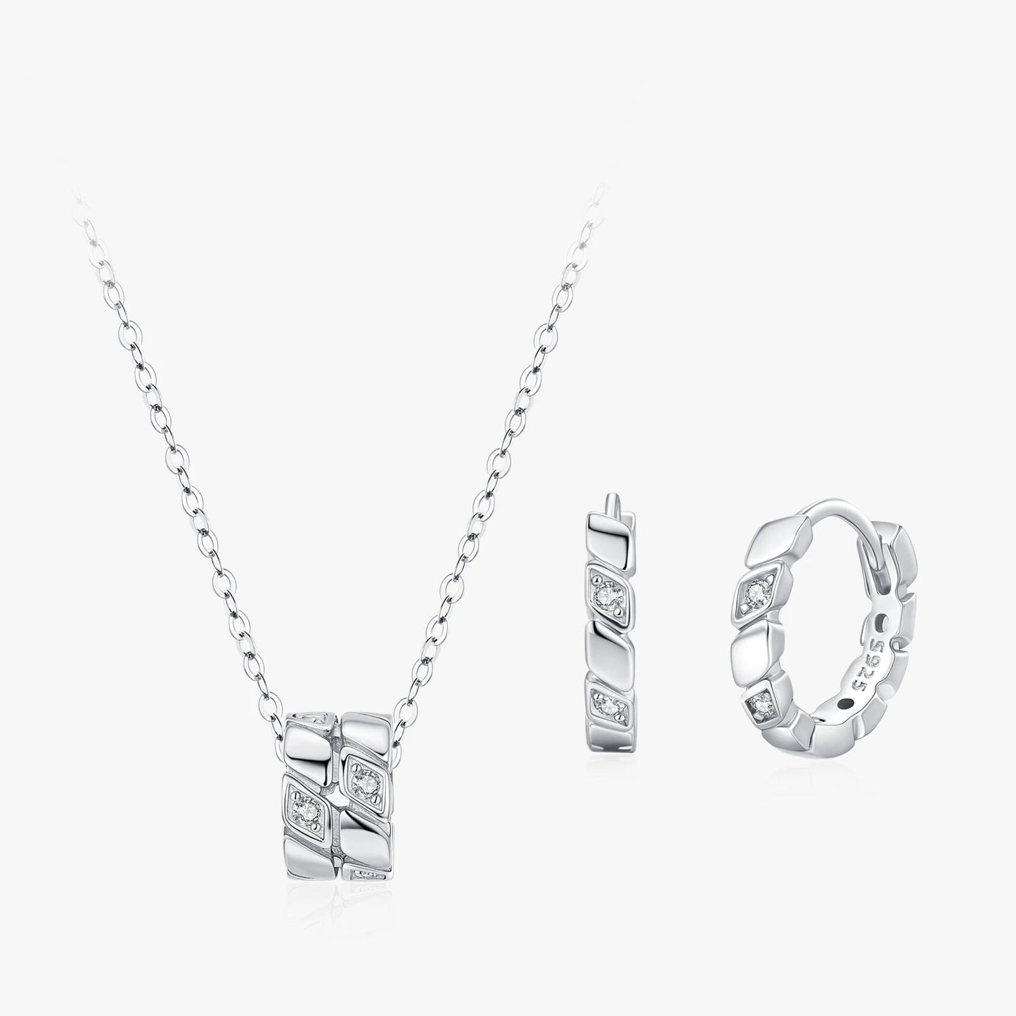 Ailmay 925 Sterling Silver Geometric Design Circle Pendant Necklace Hoop Earrings Set For Women's Holiday Or Anniversary Gift