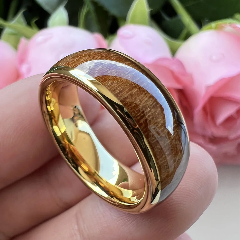 Coolstyle Jewelry 8mm Gold Tungsten Carbide Ring for Men Women Fashion Engagement Wedding Band Koa Wood Inlay Comfort Fit