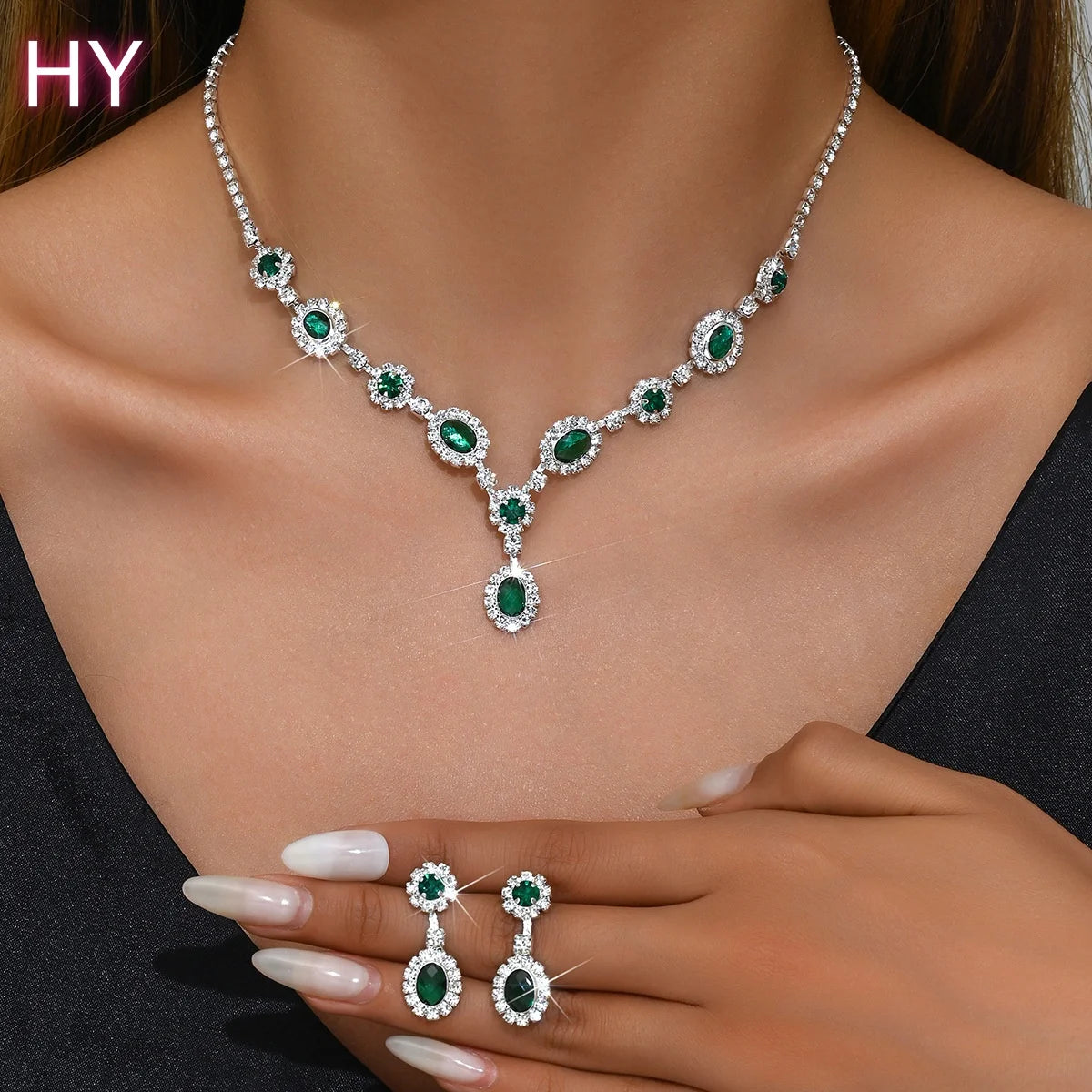 HY  Crystal Bridal Wedding Jewelry Gold Pleated Rhinestone Necklace Earrings Bracelet Ring Sets Formal Costume