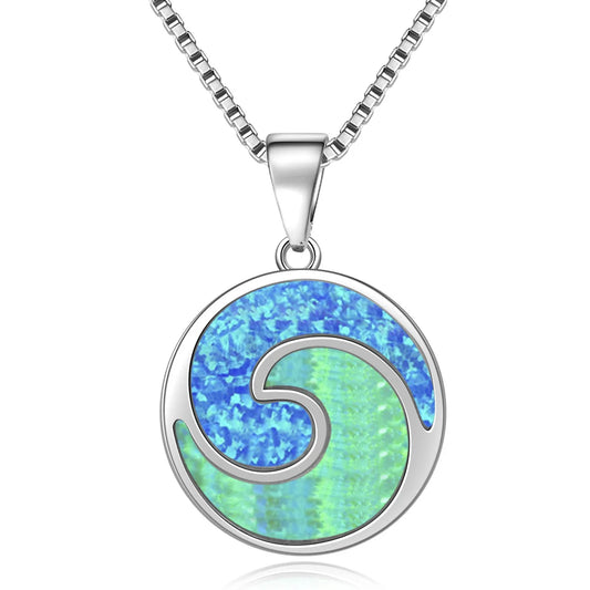 Aobao Christian Silver Plated Copper Link Chain Minimalist Surf Wave Pendant Opal Sweater Necklace Gift