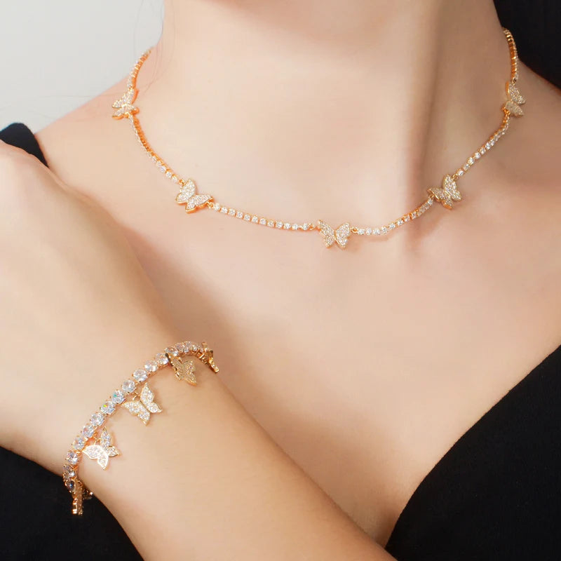 3 Piece Bright Cubic Zircon Crystal Silver Color Lovely Butterfly Ladies Jewelry Bridal Choker Necklace Earrings Bracelet Sets