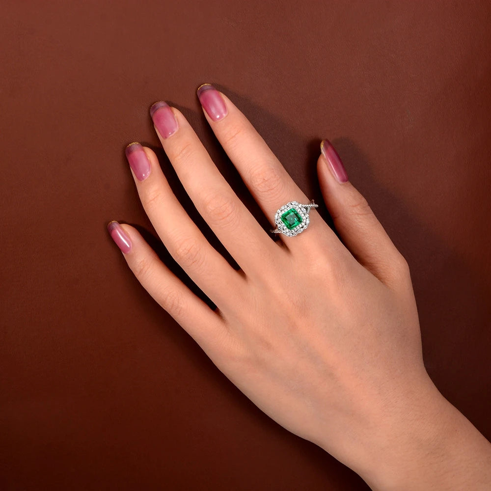 MuShan Jewelry Factory Pure Silver 2ct Synthetic Emerald 7*7 Diamond Ring European and American High Carbon Diamond Ring