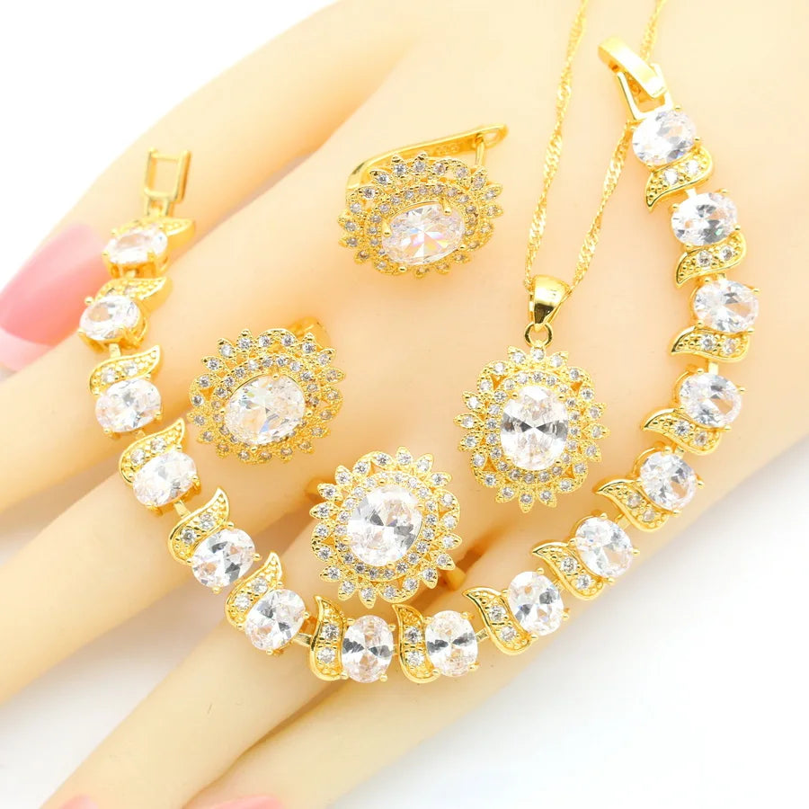 XOTICA 2023 New Red Zirconia Crystal Jewellery Set for Women Including Bracelet Earrings Ring Pendent Necklace for Wedding Engagement