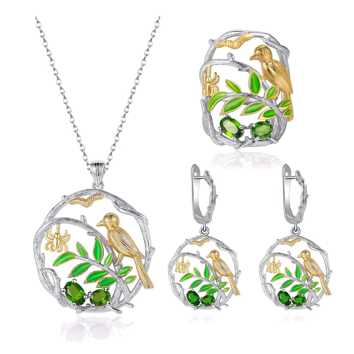 ArtistA C7926 Abiding Green Gemstone Chrome Diopside Gemstone S925 Silver Necklace Earrings Ring Full Set Jewelry