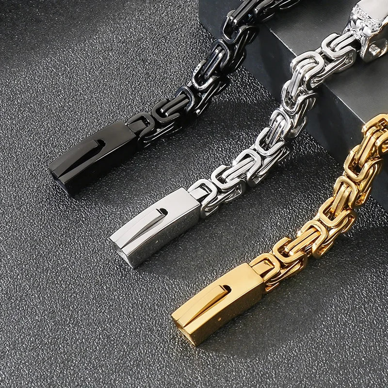 REBEL Punk Fine Jewelry Fashion Bracelets Stainless Steel Skull Byzantine Links Bracelet