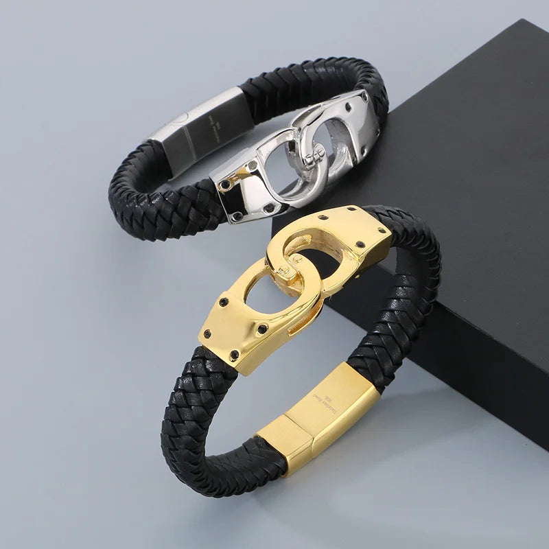 REBEL 220mm Punk Stainless Steel&Leather Handcuff Bangle Bracelet