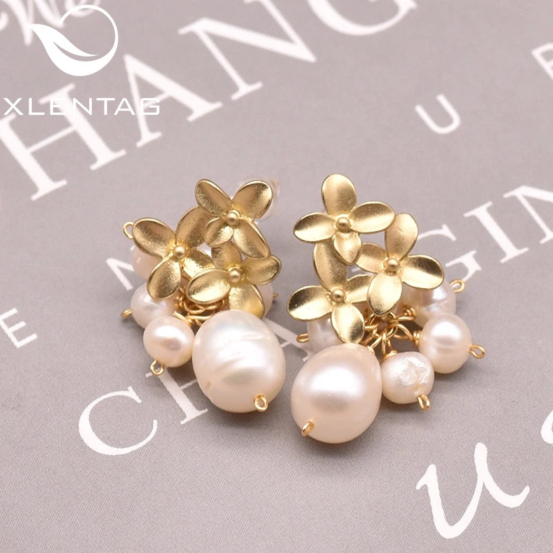 Original Fresh Water Pearl Three Flower Custer Drop Earrings for Women Wedding Engagement Fine Jewelry