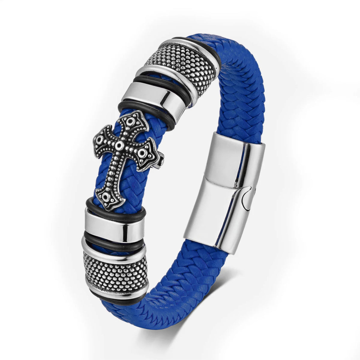 REBEL FASHIONISTA New Titanium Steel Cross Leather Braided Bracelet Magnetic Buckle Men's Leather Bracelet