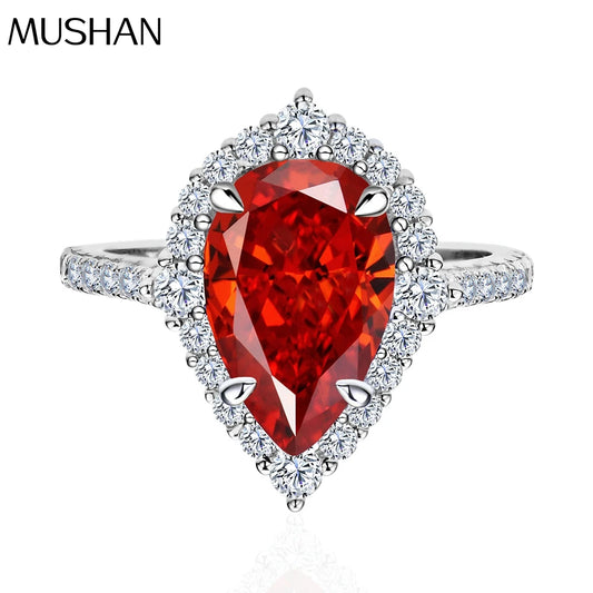 MuShan Jewelry Factory 925 Sterling Silver Rings for Women 7ct 8 * 12 Pear Shaped Red Synthetic High Carbon Diamond Jewelry