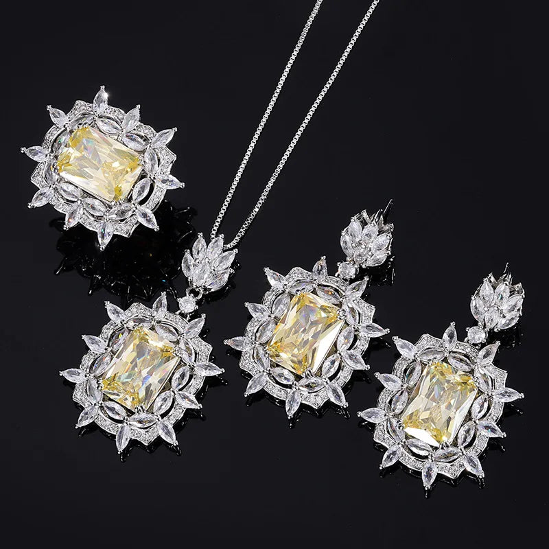 Gemfiori Fashionable Temperament Yellow Zircon Necklace Simple and Versatile Princess Candy Earrings Open Ring Set