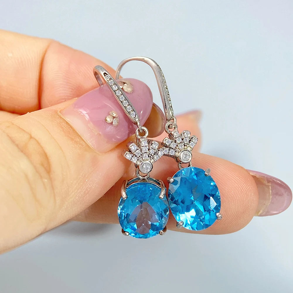 Gioiellieri S925 Sterling Silver Natural Blue Topaz Drop Earrings with Genuine Gemstone for Women Fine Jewelry Birthday Gift for Girls