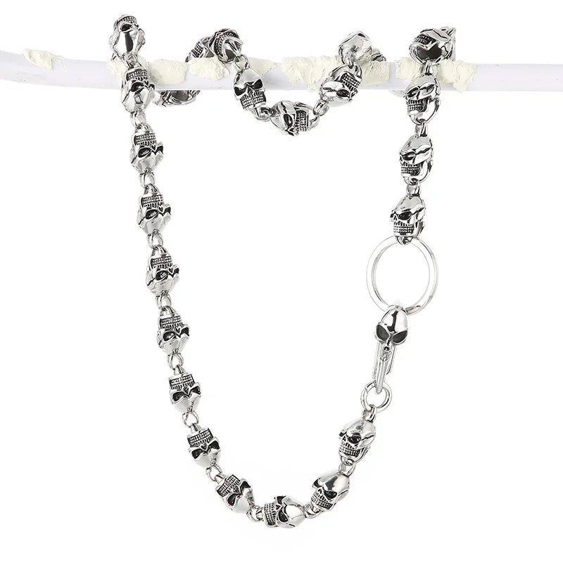 REBEL Men Punk Stainless Steel OT Clasp Skull Links Bracelet&Necklace/Waist Chain Jewelry Set