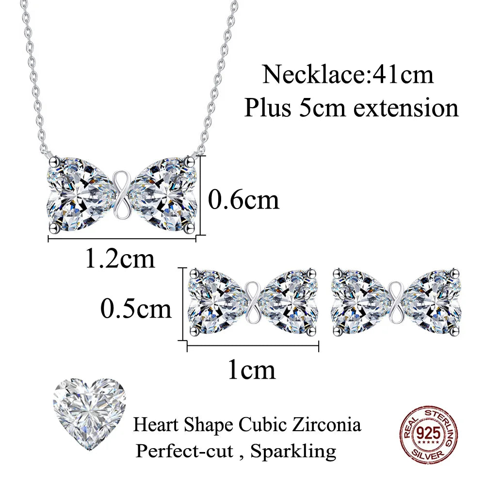 Fine Jewelry 925 Sterling Silver Shiny White Heart CZ Cubic Zirconia Bowknot Shape Jewelry Set for Women Girls Daily Wear Gifts