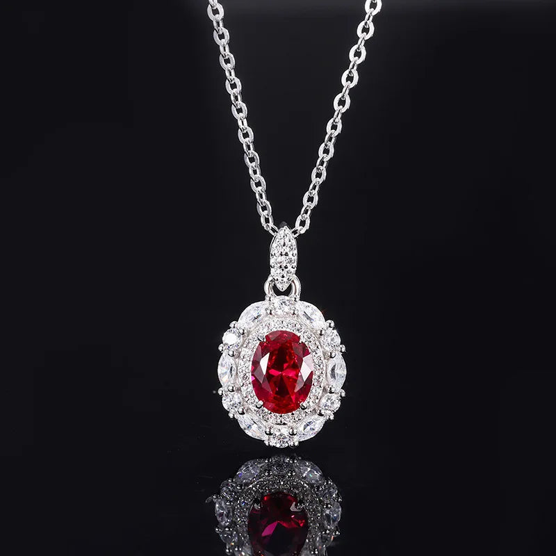 Gemfiori Fashionable Luxury Jewelry Pigeon Blood Red Oval Zircon Earrings Necklace Ring Minimalist New Set