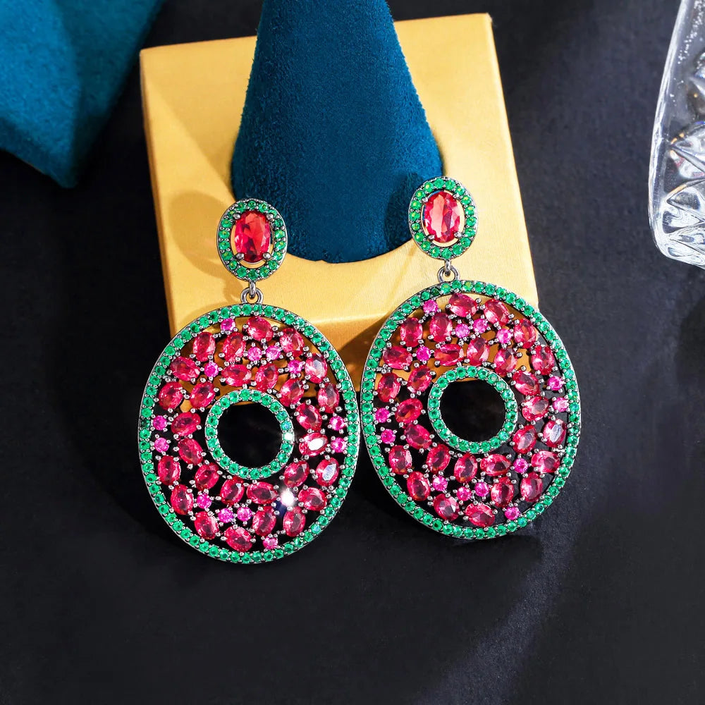 S&S Red & Green Oval CZ Big Dangle Drop Earrings – Black Gun Plated – Collection