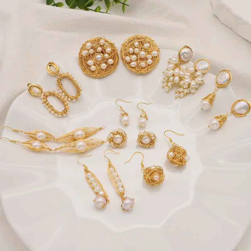 Natural Freshwater Pearls Metal Stud Earrings  Geometric Irregular  for Women Girl Gift Pearl Earrings