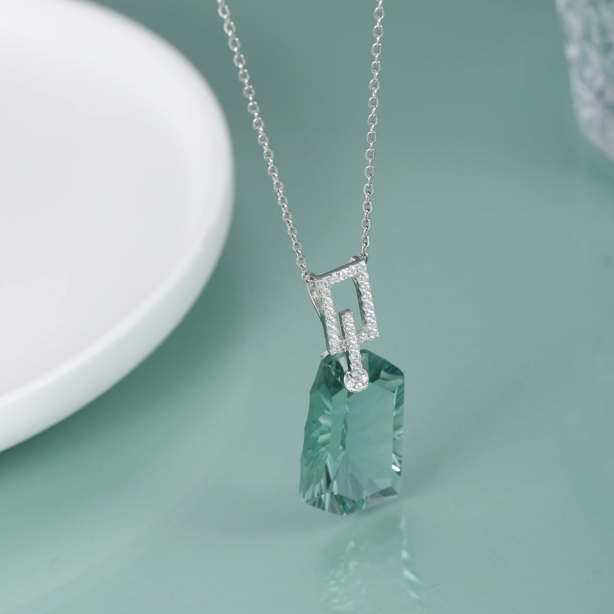 ArtistA Abiding Factory Custom Quadrilateral Green Amethyst Prasiolite 925 Silver Ring Necklace Earrings Jewelry Set for Dinner Party