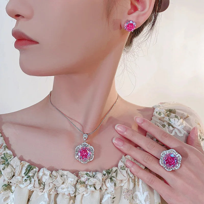 Gemfiori Fashionable Luxury Jewelry Rose Red Zircon Pendant New Exquisite Temperament and High-end Feeling Set
