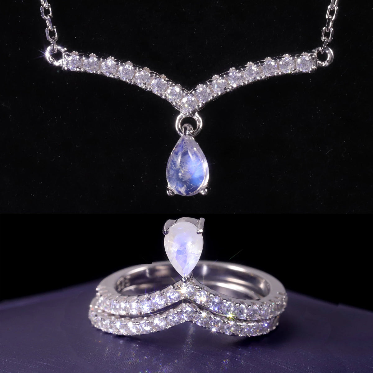 ArtistA Abiding Curved Shape Jewelry Set Faceted Moonstone 2 Piece Ring Set & Cabochon Moonstone V Bar Pendant Necklace S925 Jewelry Set