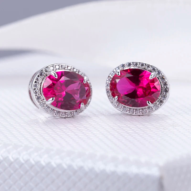 Messi Jewelry MSE-603  Corundum Red Silver Earings Oval Cut Fancy Shape Earrings for Daily for Gift