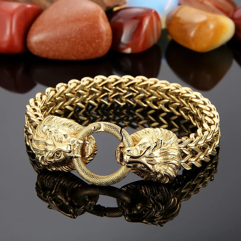 VIKING Mens Lion Head Herringbone Link Bracelet – Silver & Gold