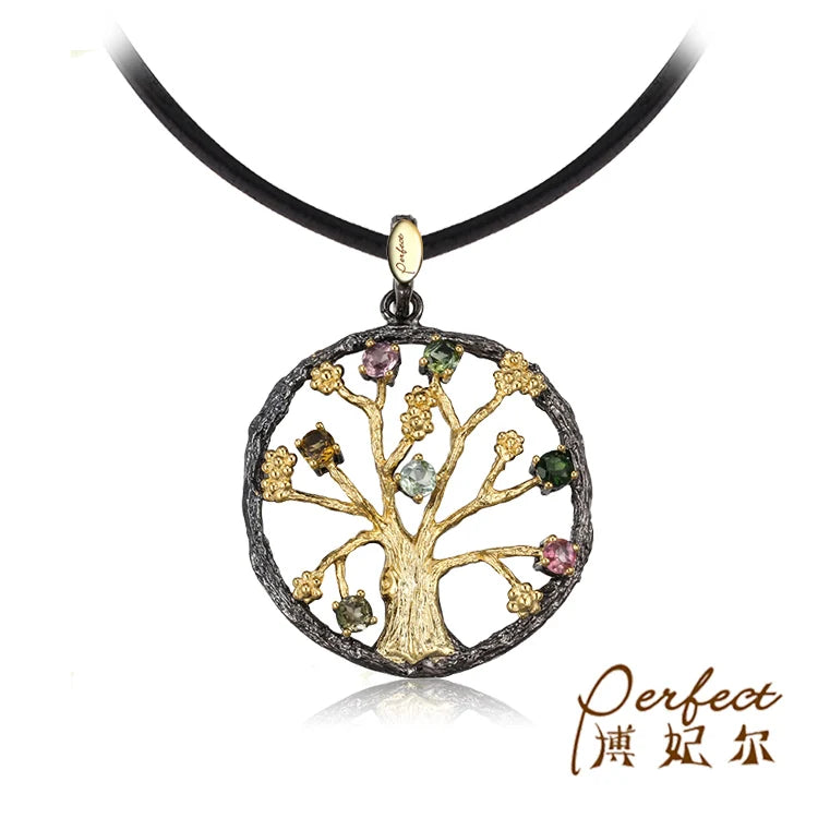 Gioiellieri Hollow Little Gold Tree 925 Sterling Silver Pendant with Tourmaline