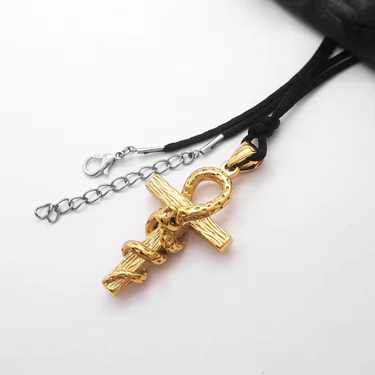 Religious Ankh Cross Snake Totem Non Anti Tarnish Free Waterproof Stainless Steel Pendant Fashion Jewelry Necklace Men Wholesale