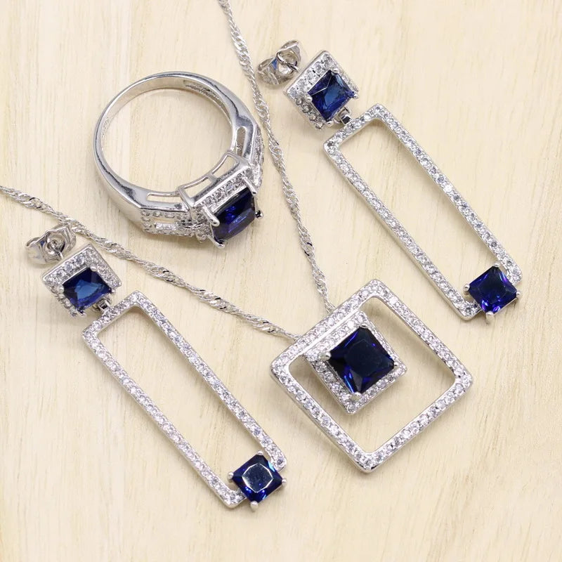 XOTICA Geometric Blue Stones White Gold Plated Jewelry Set for Women Bracelet Long Earrings Ring Necklace Pendant