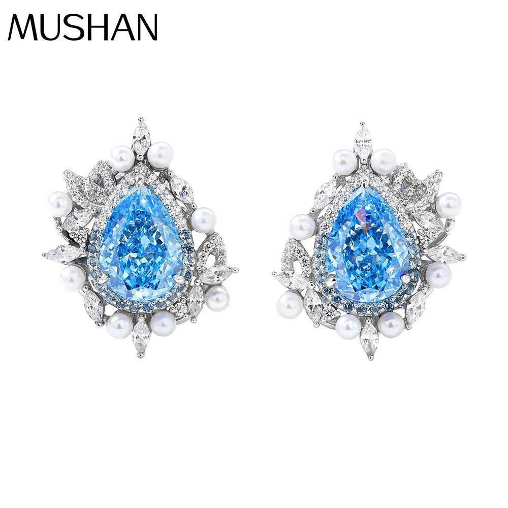 MUSHAN Jewelry Factory 925 Sterling Silver Stud Earrings Luxury HCD Aquamarine Synthetic Sapphire Ear Pin Earrings Stud Jewelry