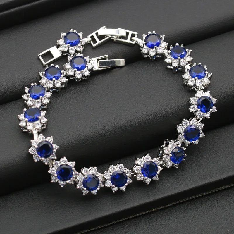 XOTICA Silver 925 Women's Wedding Jewelry Set with Circular Royal Blue Zircon Earrings Necklace Pendant Ring Bracelet Halloween Gift