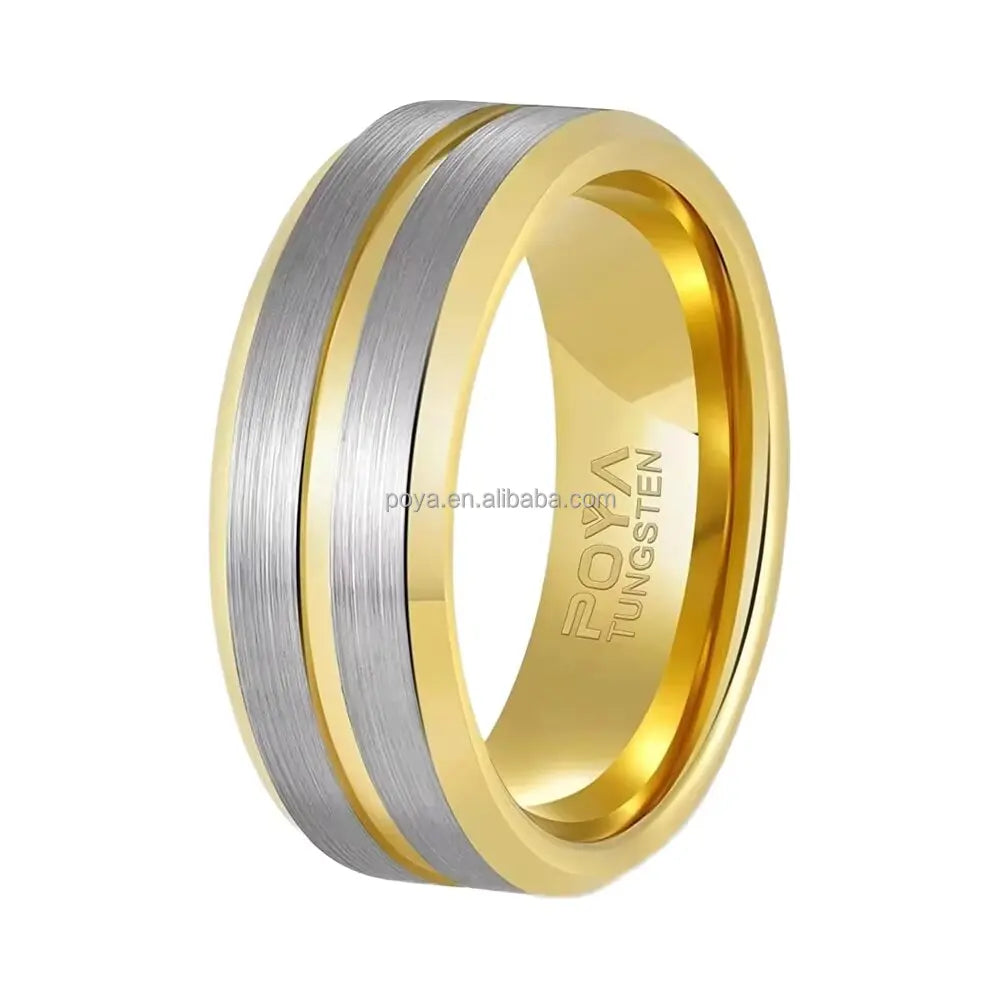 POYA 8mm Unisex Stylish Vintage Design Tungsten Ring Gold Plated Beveled Edges Engagement Wedding Gift Silver Jewelry
