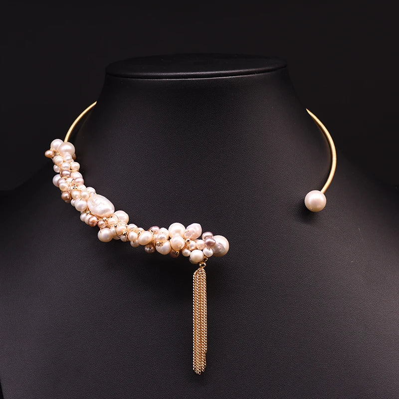 Natural Freshwater Pearl Choker Necklace Gold Plated Tassel Necklace for Women Bridal Wedding Luxury Fashion Fine Jewelry