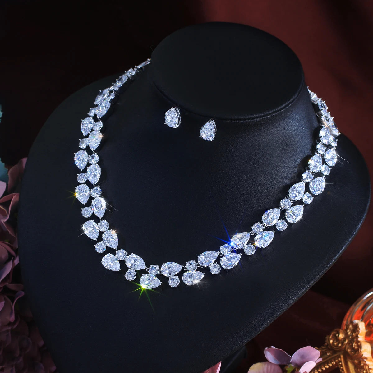 Stunning Rhodium Plated Round Tennis CZ Jewelry Set Cubic Zircon Drop Dangle Necklace Earrings Jewelry Set for Women Engagement