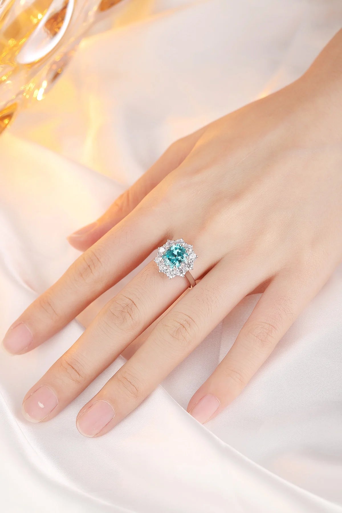 Gemfiori Handmade Lab Grown Paraiba Sapphire Engagement Rings Rhodium Plated Sterling Silver 925 Wedding Jewelry