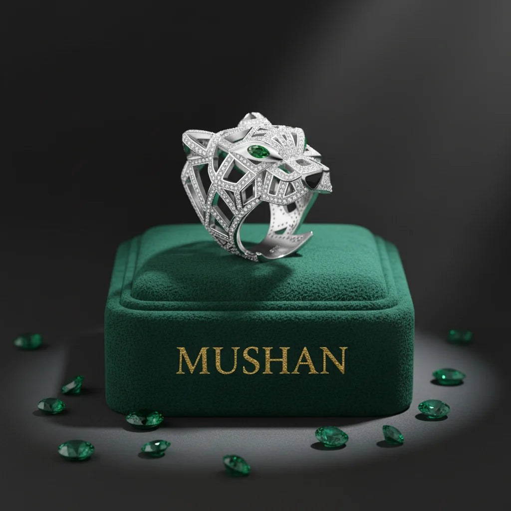 MuShan Jewelry Factory Leopard Head 925 Sterling Silver Rings Bands Women Hollow Design High Carbon Diamond HCD Gemstones Ring