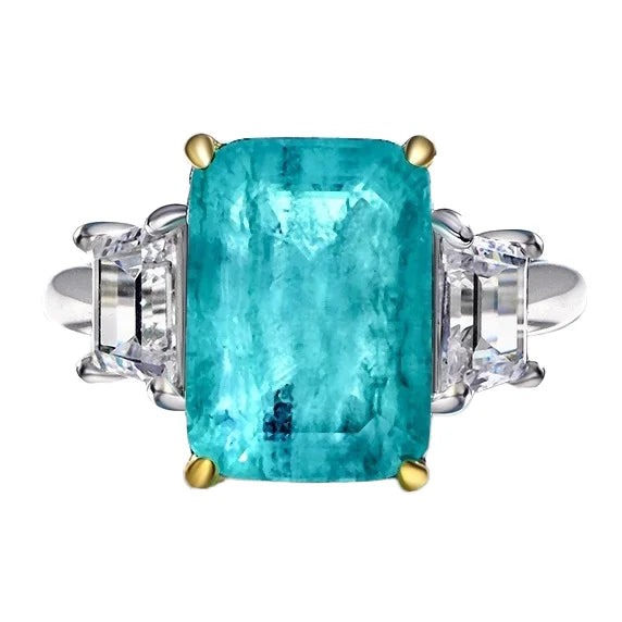 MUSHAN Luxury 925 Sterling Silver Synthetic Paraiba Rectangular 8ct Blue Gemstone Pave Setting Ring for Women Party Anniversary