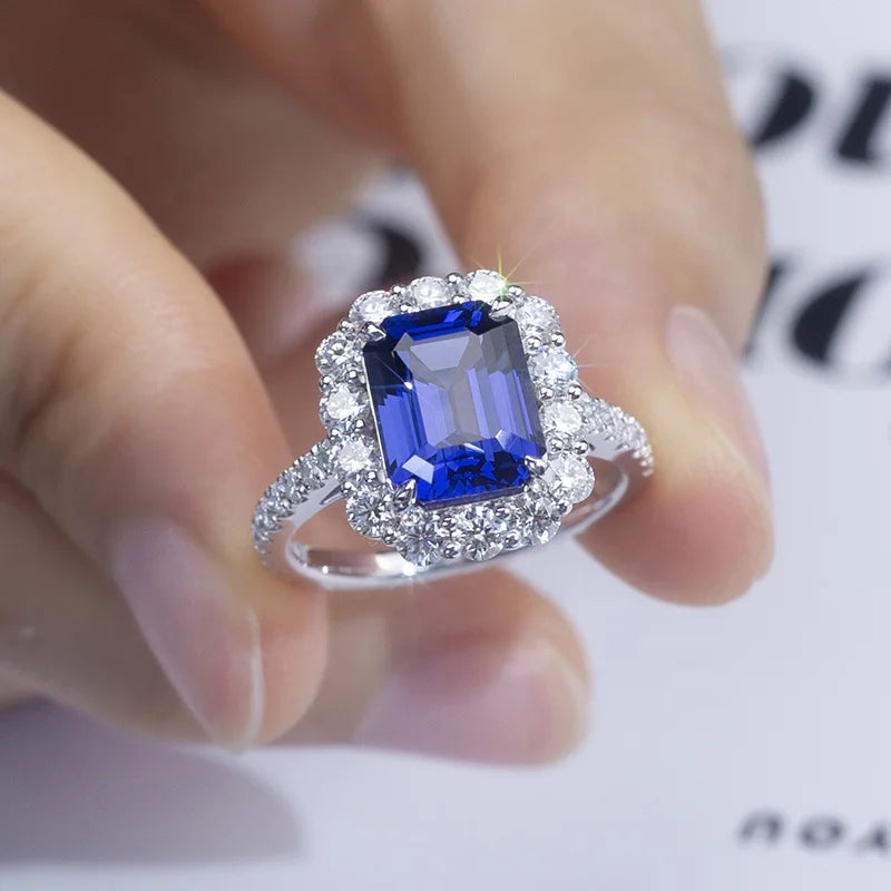MSR-1394 925 Silver 9k 14K Gold Wedding Engagement Ring 8*10mm Emerald Cut Lab Grown Sapphire Ring