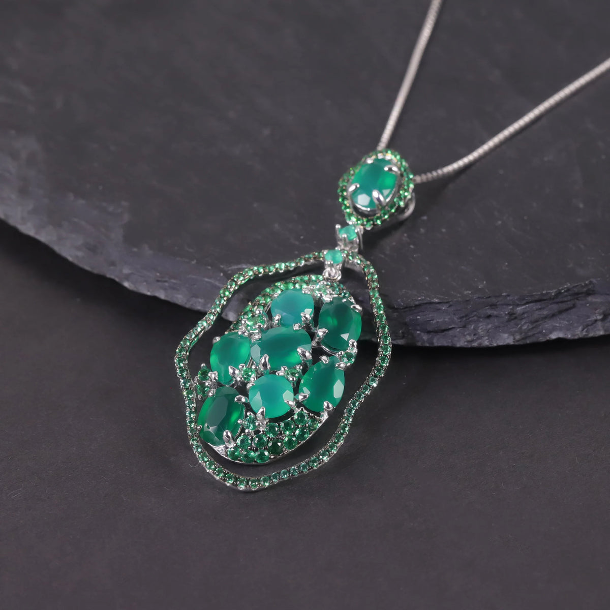 S&S Green Agate & Emerald Nano Fine Jewellery Set | 925 Silver Rhodium Plated | Oval Cut | S&S Collection