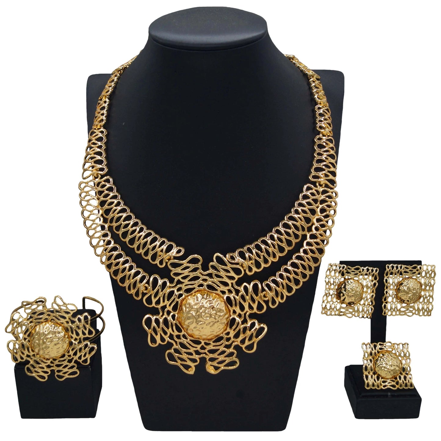 Zhuerrui New Fancy Jewelry Set Nigerian Wedding Ladies Four-Piece Double Copper Ring Chain Ring Bracelet French EleganceH00785