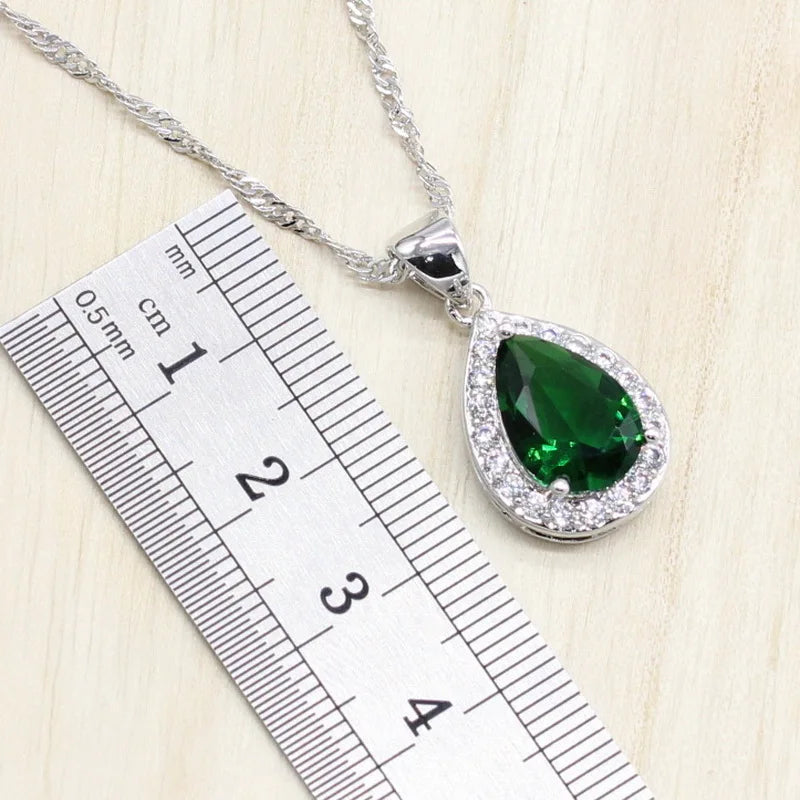 XOTICA Water Drop Zircon Green Stones Jewelry Set Bracelet for Women Platinum Plated Engagement Wedding Party Long Earrings Ring