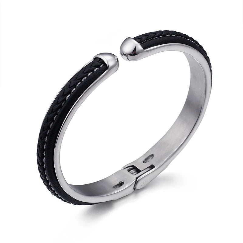 KALEN Stainless Steel Black Leather Bangle Charm Cuff Bracelets & Bangles for Men