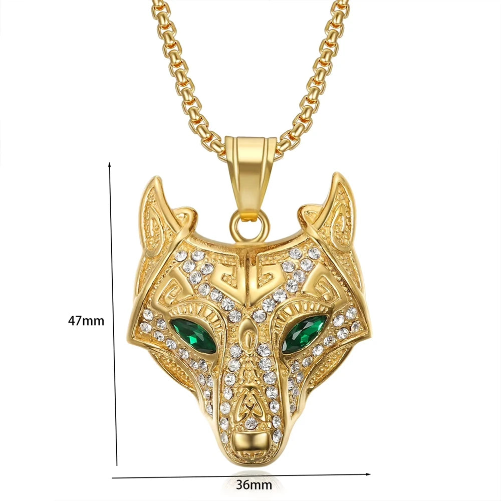 Hip Hop Iced Out Diamond Viking Celtic Wolf Stainless Steel Fine Fashion Jewelry Pendants Necklaces 18K Gold Plated Women