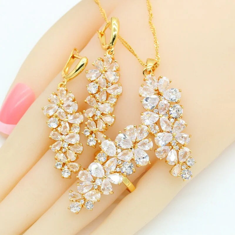 XOTICA Luxury Gold Jewelry Set for Women Wedding Bracelet Earrings Necklace Pendant Ring-Zircon Stones for Parties and Birthdays