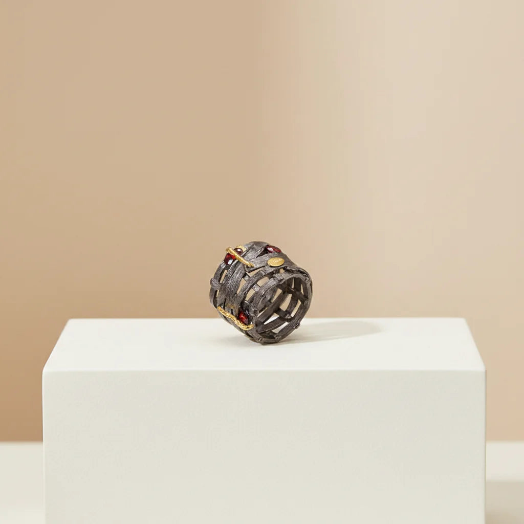 Handmade Garnet Stone Lone Finger 925 Sterling Silver Ring with Black Gold Plated