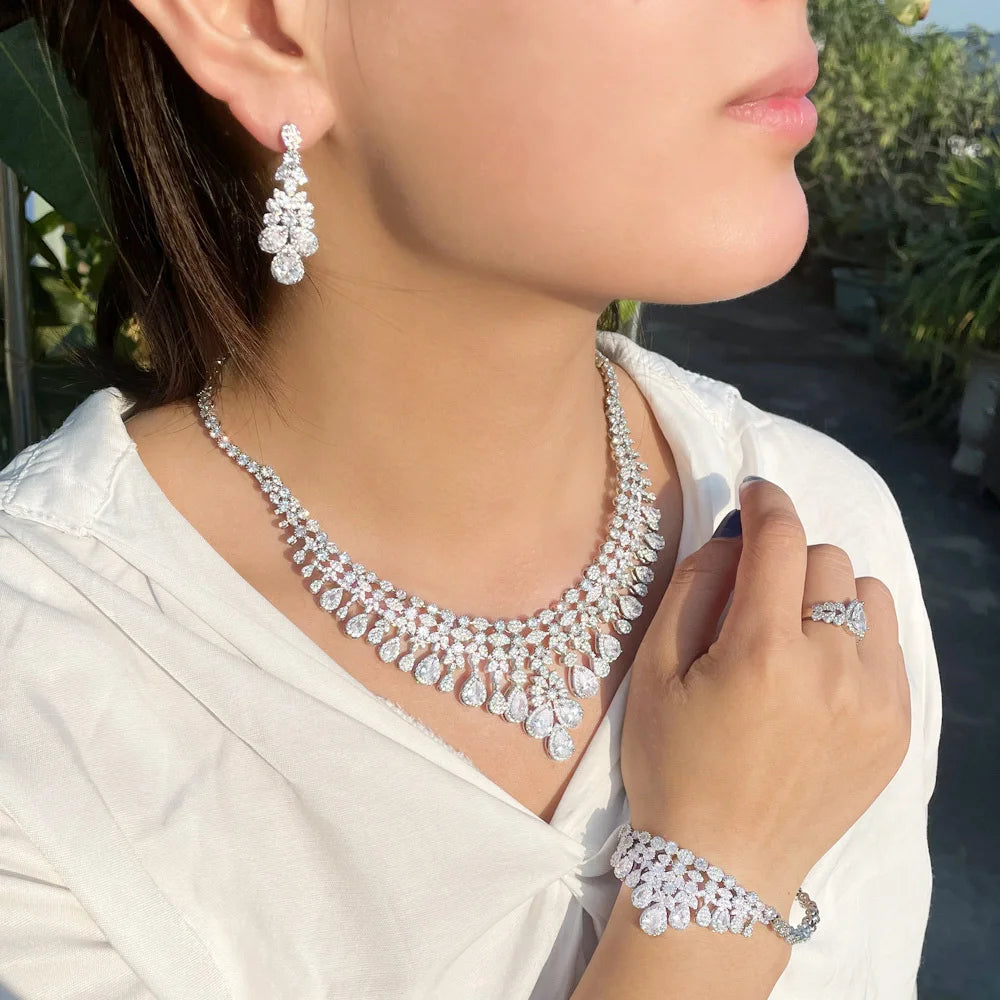 4 Piece Saudi Arabia Necklace Cubic Zirconia Super Big Luxury Jewelry Set for Women's Wedding Dubai Bridal Jewellery Set