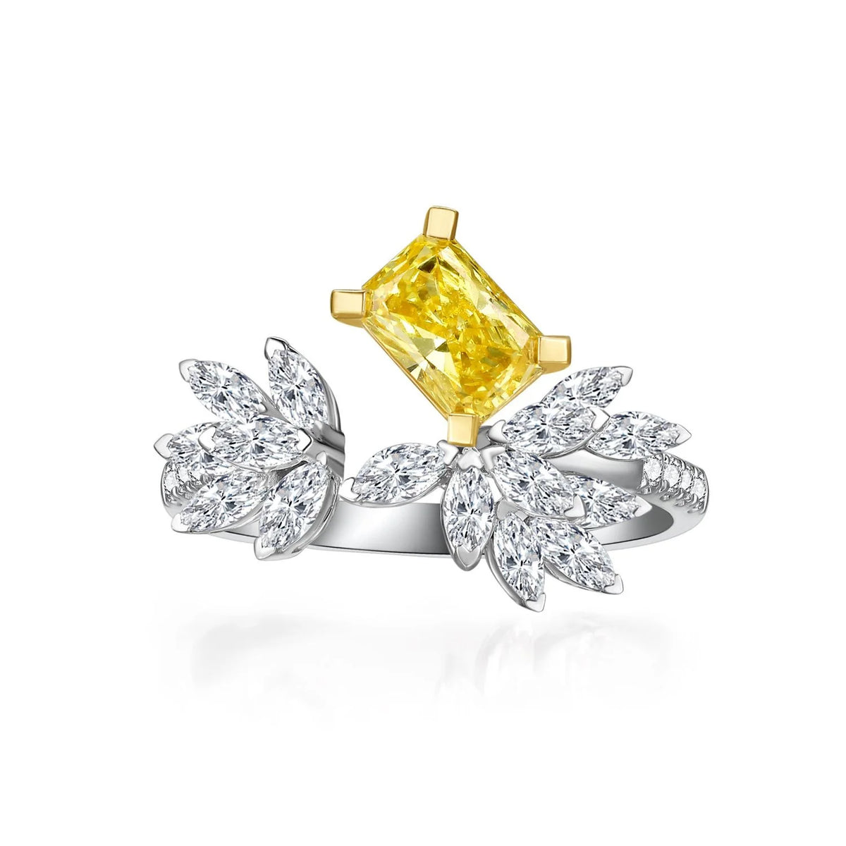 Gioiellieri Abiding Bespoke Open Ring Yellow & White Moissanite 925 Sterling Silver Fancy Marquise & Radiant Cut Adjustable Ring for Ladies