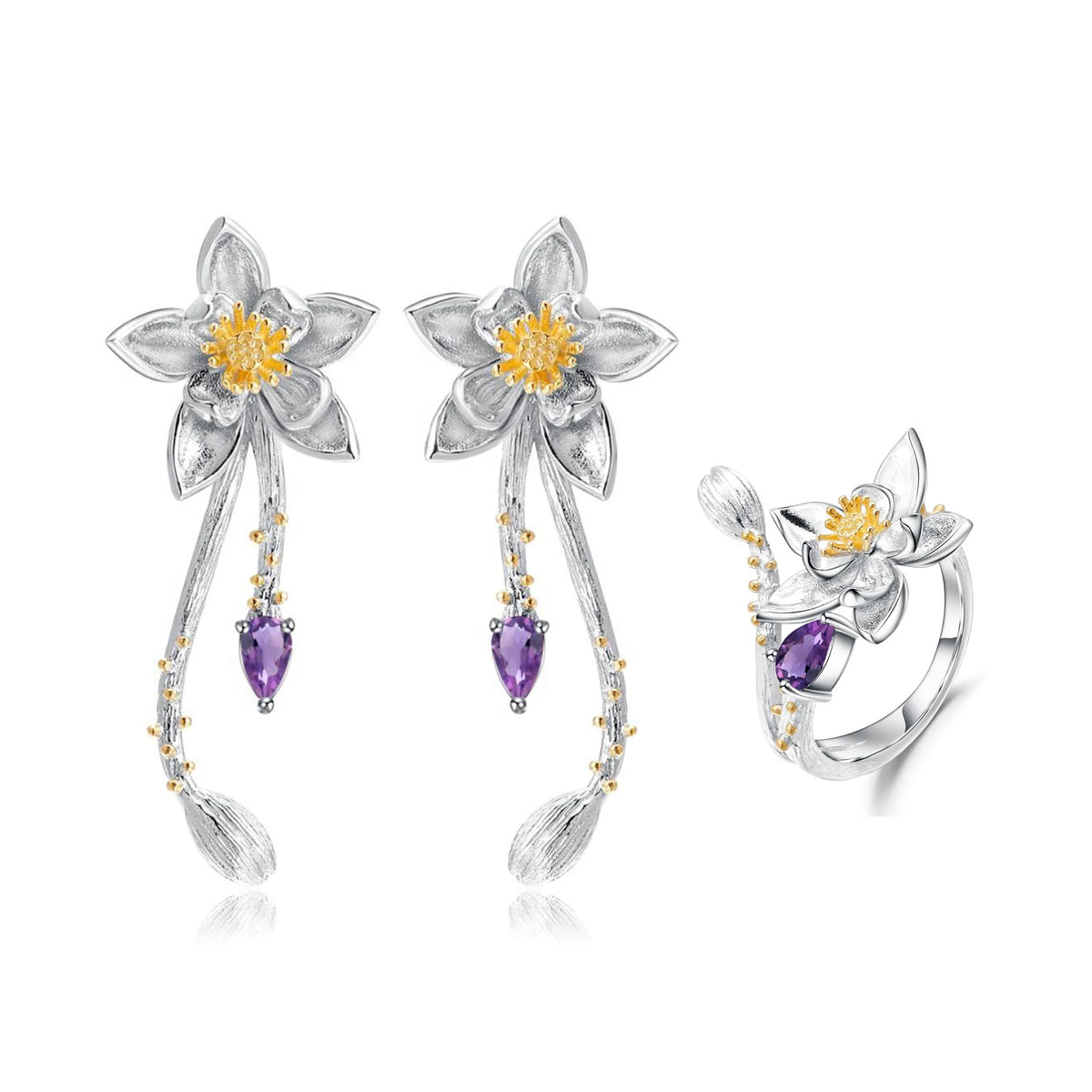 ArtistA Handmade 925 Silver Gold Plated Natural Amethyst Gemstone Matching Lotus-Flower Open Adjustable Ring & Long Dangle Earrings Set