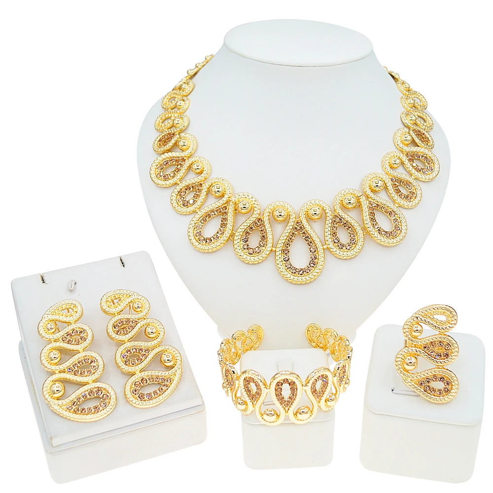 Zhuerrui Retro Infinity Gold Plated Textured Chain Jewelry Set Women Necklace Earrings Bracelet Ring Daily Wear Jewelry I0100