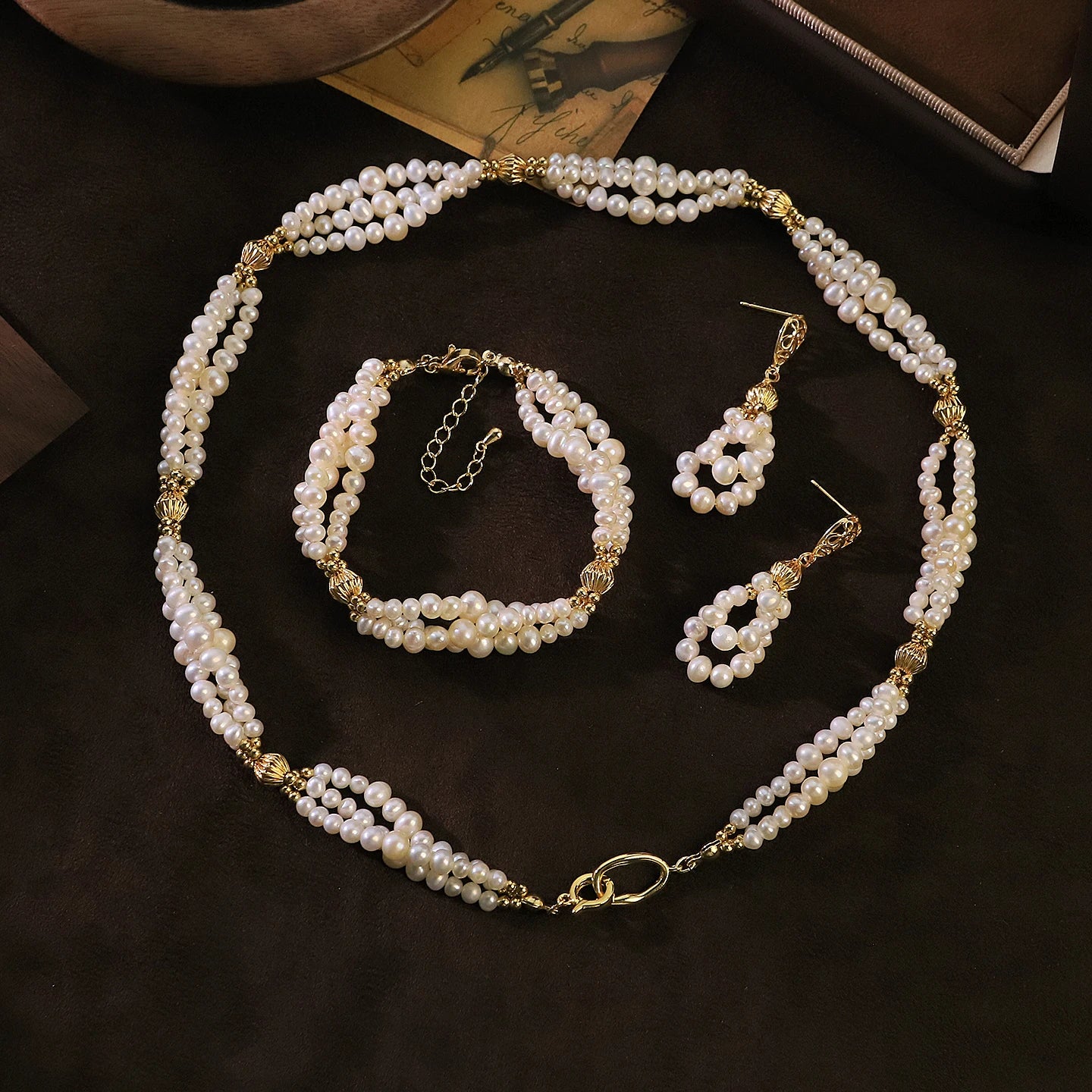 GLSEEVO Natural Freshwater Pearl Dainty Bridal Necklace & Bracelet Set — Wedding & Bridesmaid Gift | White