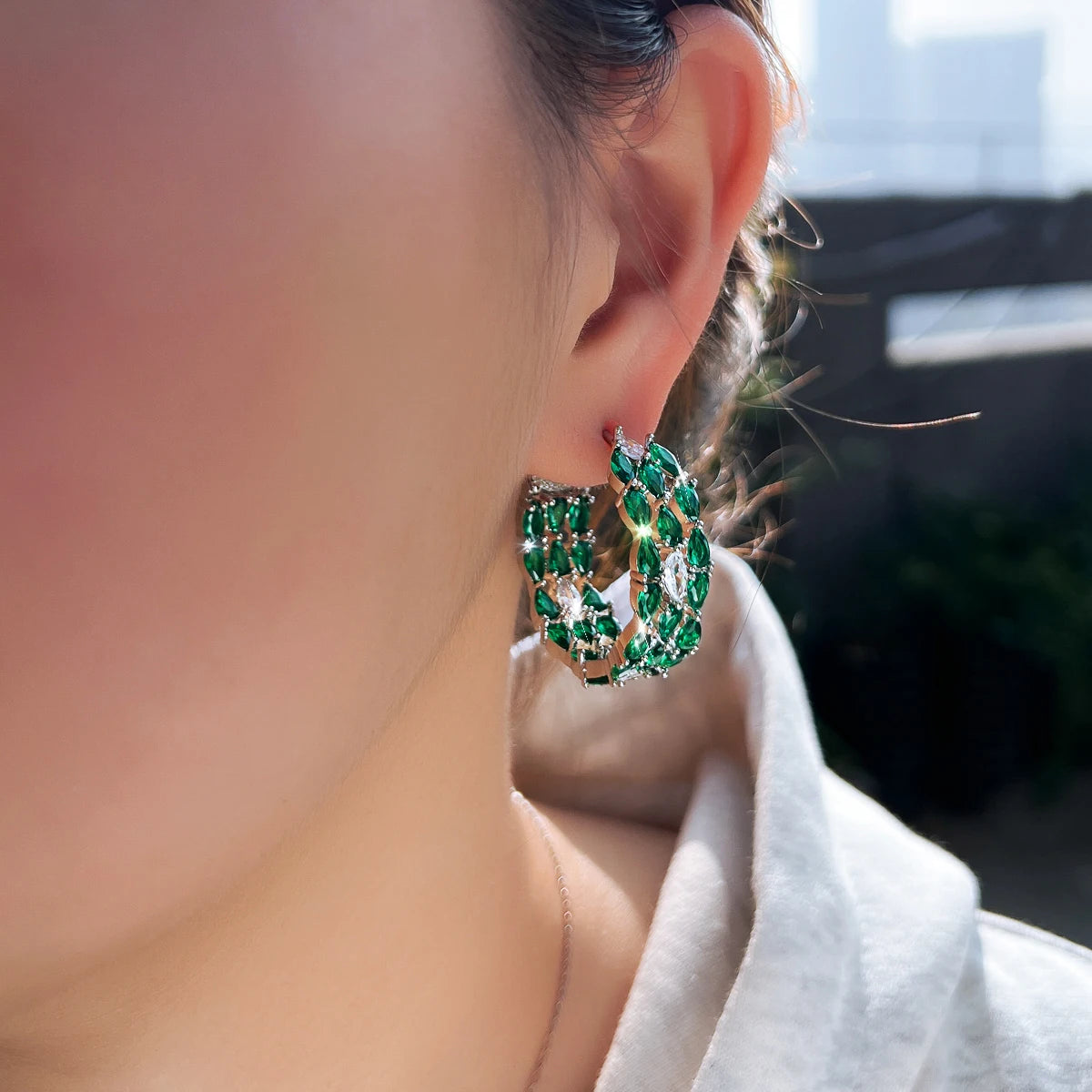 S&S Green Water Drop Pear-Cut CZ Hoop Earrings – Rhodium Silver Plated – Collection